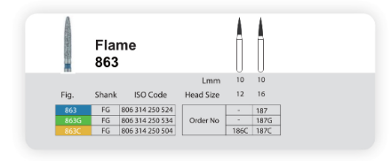  فرز الماسی مدل شعله شمعی بلند توربین 5 عددی Dental Diamond Burs Flame 863 برند Sani