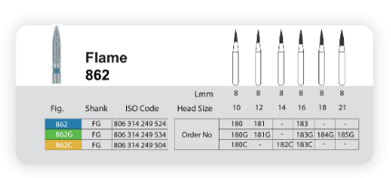  فرز الماسی مدل شعله شمعی بلند توربین 5 عددی Dental Diamond Burs Flame 862 برند Sani